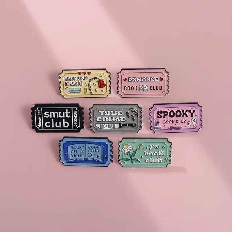 Custom Book Club Enamel Pins Read All Night Club Book Brooch Lapel Badges Vintage Stamp Funny Jewelry Gift for Friends Wholesale