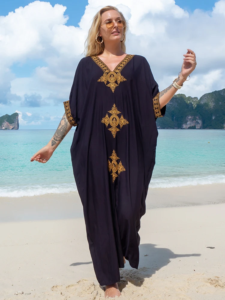 2023 Elegant Gold Embroidered Long Kaftan Retro V-neck Black Maxi Dress Women Summer Clothes Beach Wear Swim Suit Cover Up Q1373