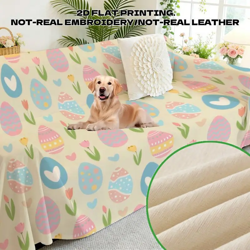 

Плотное махровое полотенце для дивана с пасхальным узором: яйца, сердца, тюльпаны, весенняя тематика