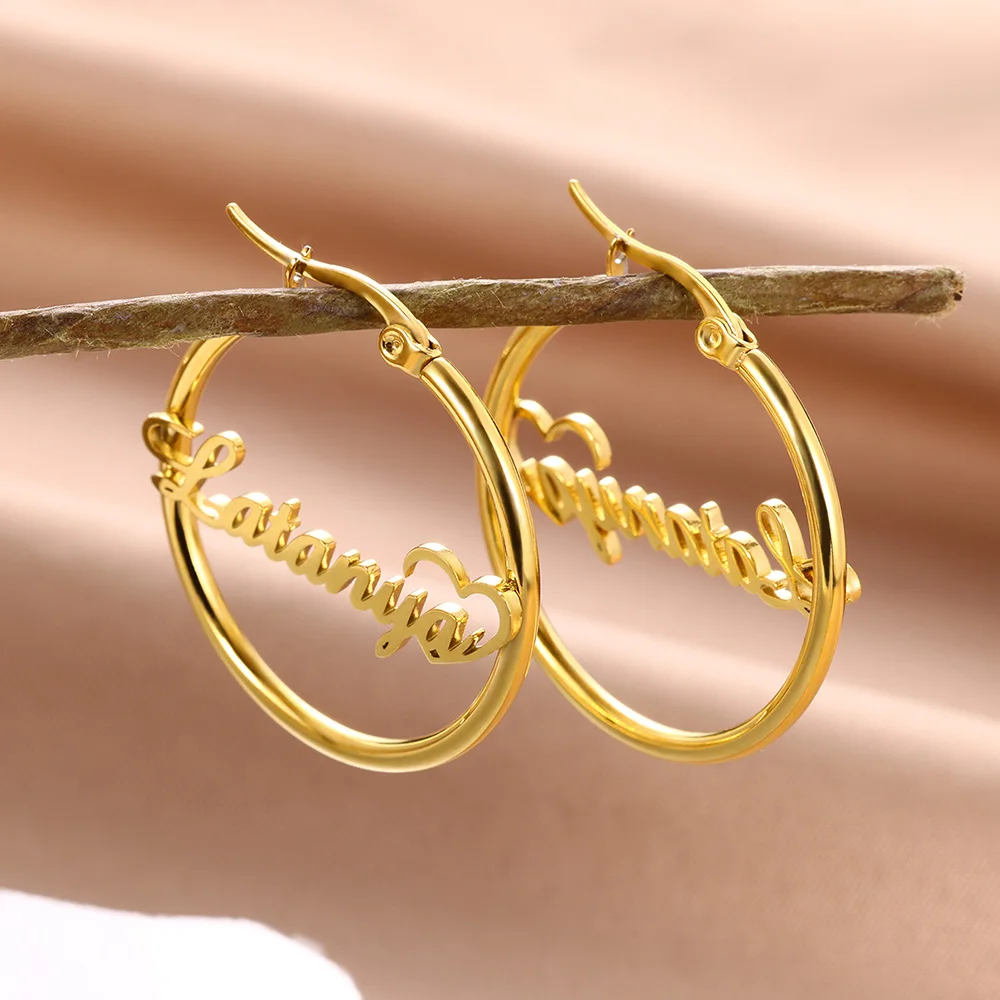 Personalized Custom Name Earrings For Women Stainless Steel Big Circle Round  Hoop Earrings Pendientes Mujer Wedding Gifts