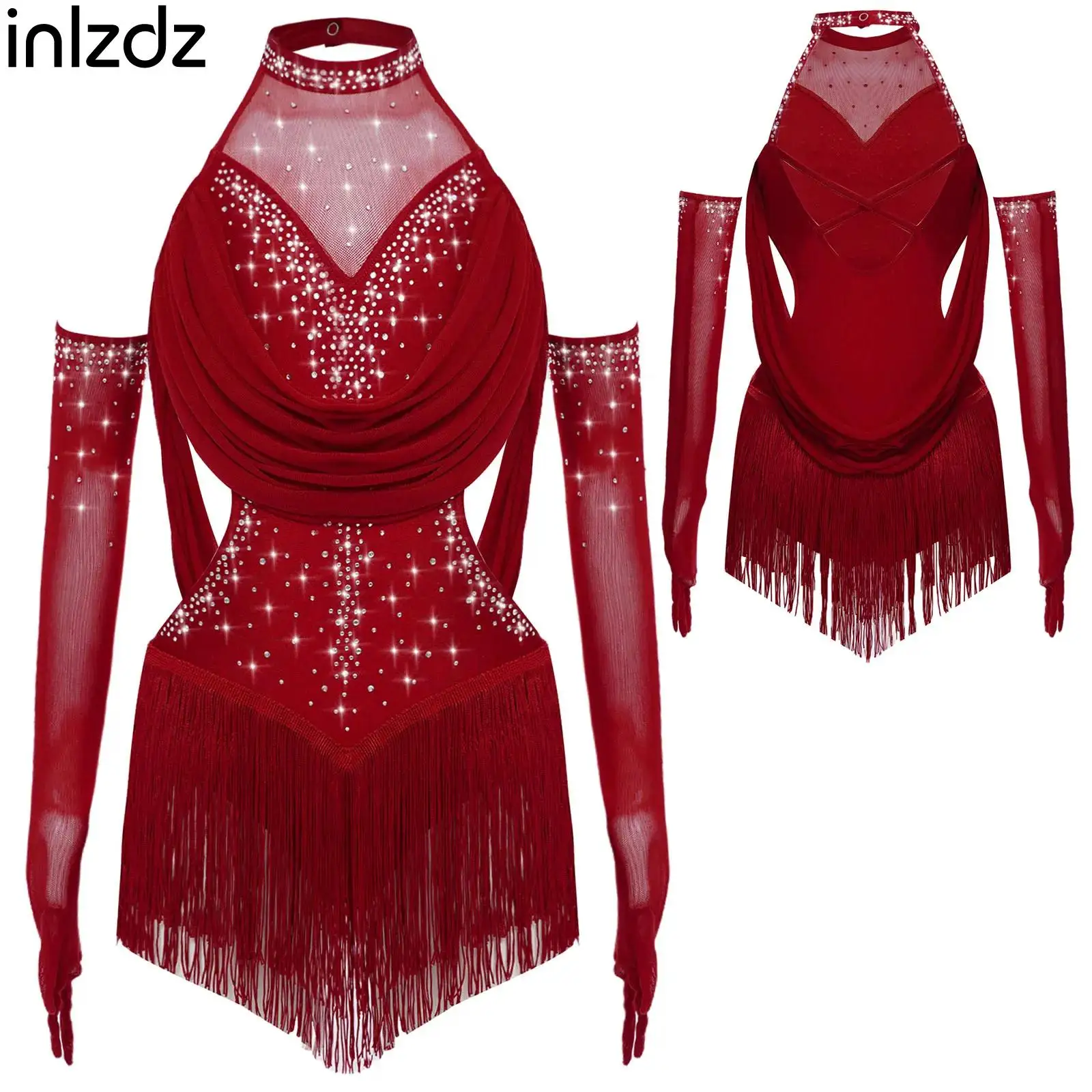 

Child Girls Gymnastics Jazz Latin Bodysuit with Gloves Suit Cha-cha Samba Dancewear Lyrical Figure Skating Performance Costume
