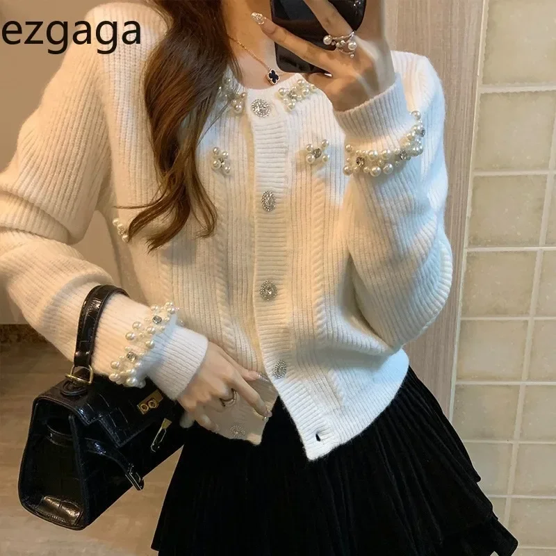 Ezgaga Autumn Winter Knitted Cardigan Women Beaded O Neck Single Breasted Outwear Cropped Sweater French Style Chic Elegant