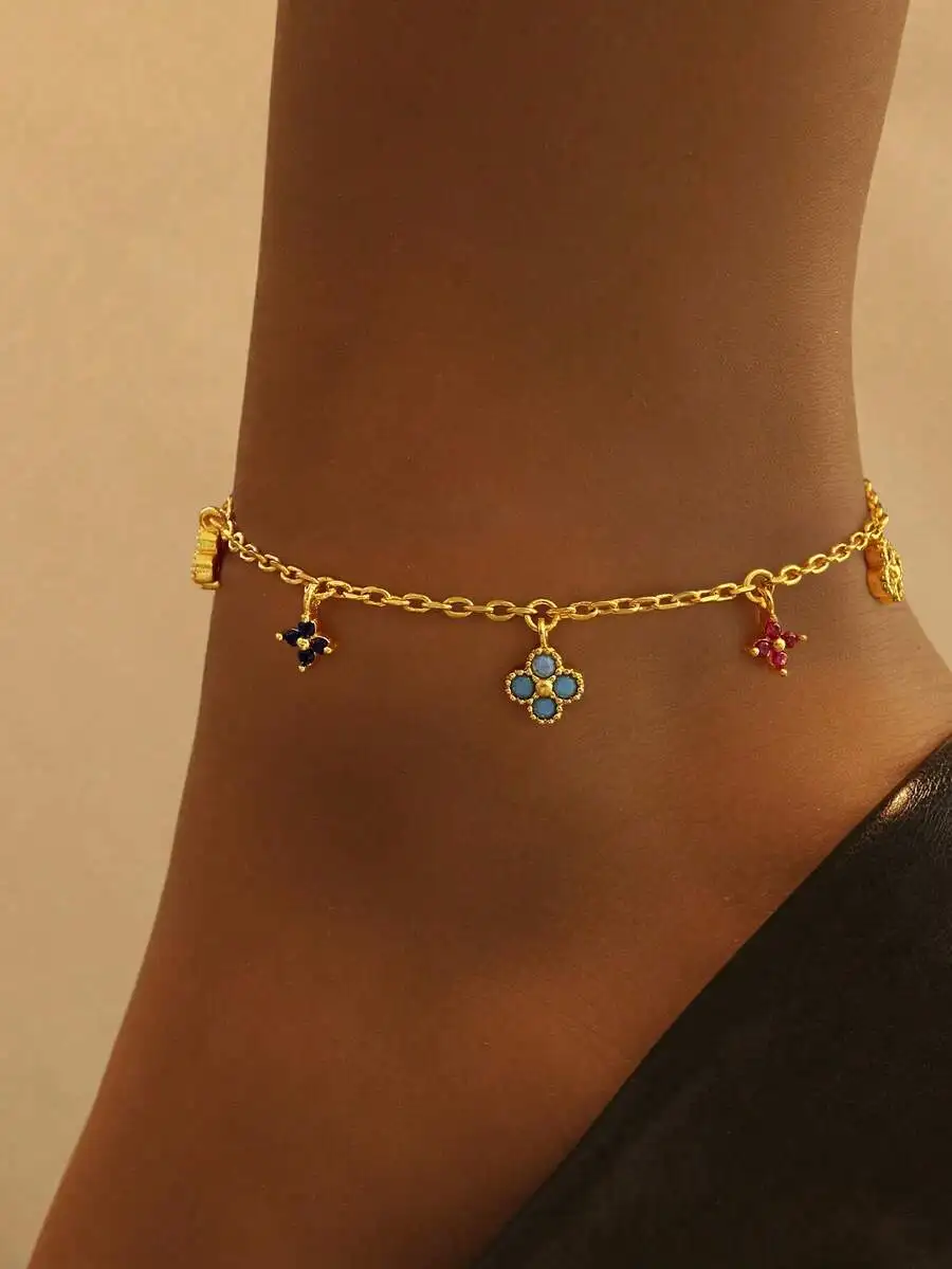 

Gold Chain Anklet With Assorted Gemstone Flower Charms, Delicate Foot Jewelry For Women