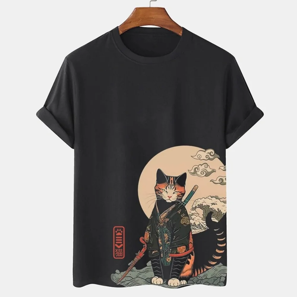 Cartoon Cat Men\'s T-Shirt Japanese Style Cat Print T-Shirts Casual Loose Short Sleeve Tee Oversized Men Clothing Tops Summer New