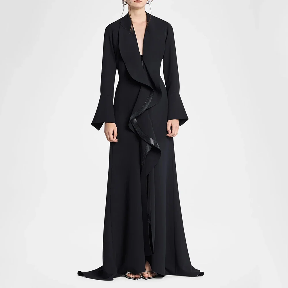JDY Custom Modern Evening Dress Long Sleeve Deep V Neck Ruffle Womens Evening Dress Black Plain Knit Wedding Guest Gown