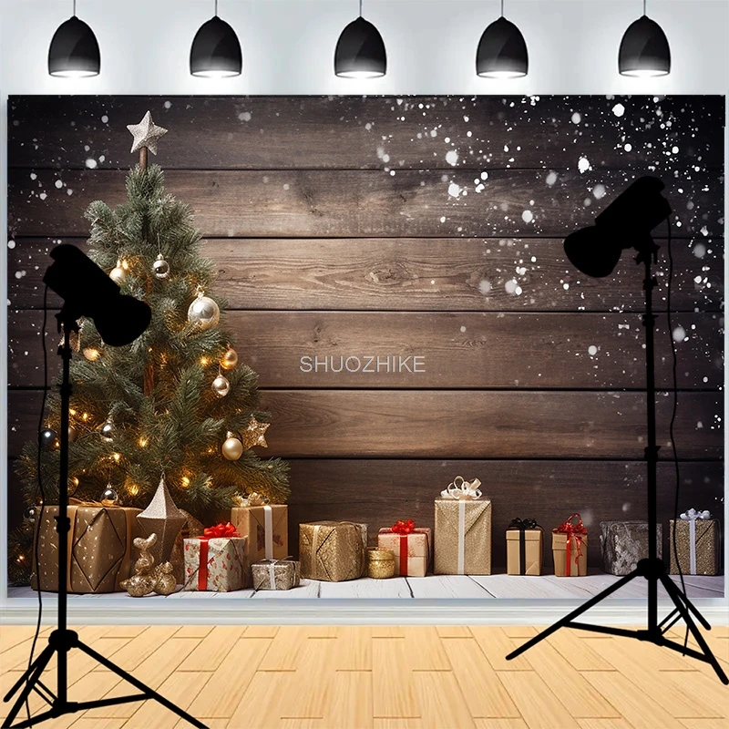 

Charismas Tree Gifts Lights Wooden Background Living Room Ornament Snowflake Family Party New Year Photography Backdrops XH-11