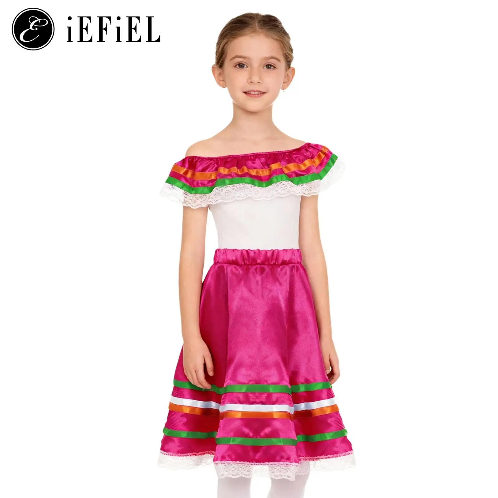 

Girls 2 Pieces Mexican Flamenco Dance Dress Outfit Off Shoulder Ruffled Top with Skirt Set Mexican Activities Carnival Costumes