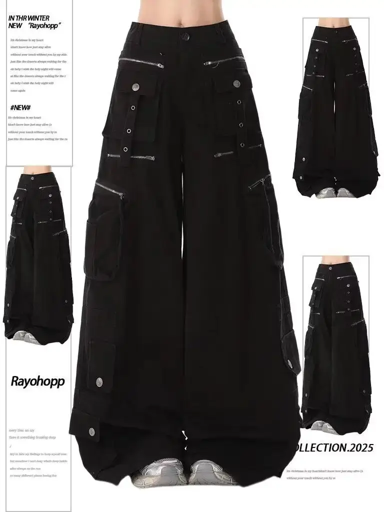 

Женские черные готические мешковатые джинсы-карго Y2K, японский Harajuku High Street, эстетические широкие джинсы 2000-х годов, брюки, одежда 2025