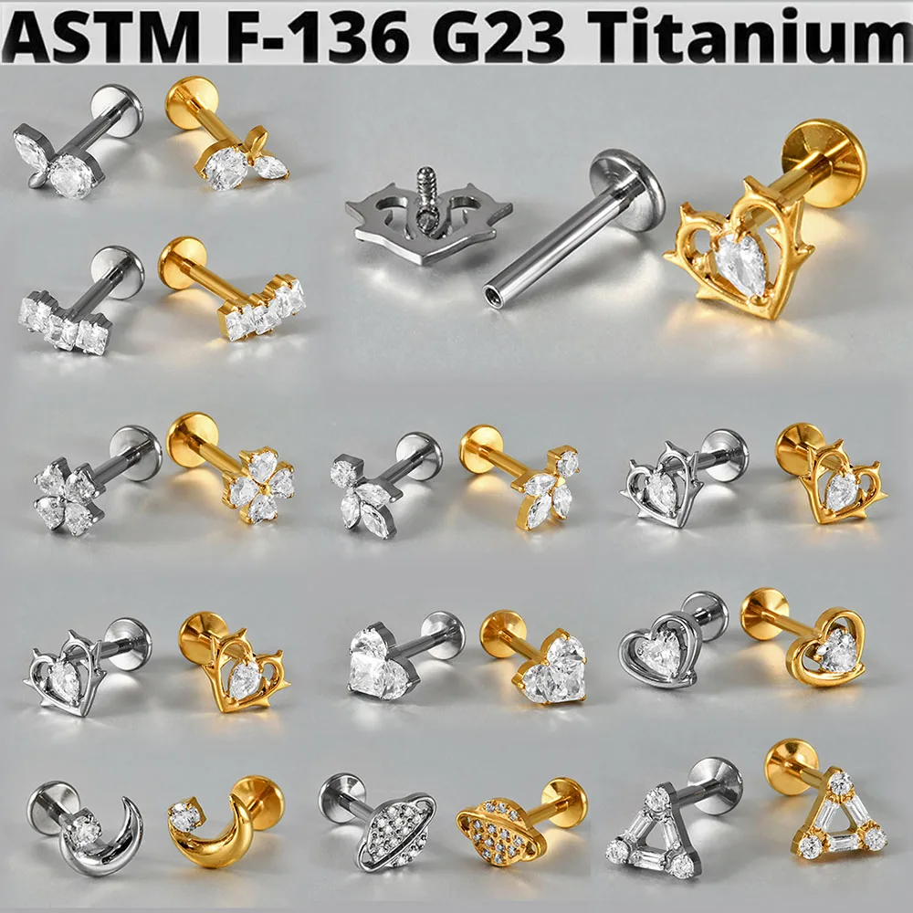 1PC G23 Titanium Moon CZ Internal Thread Labret Piercing Tragus Cartilage Helix Daith Stud Heart Design Earring Body Jewelry
