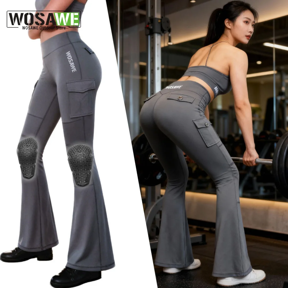 

WOSAWE Women Motorcycle Pants with CE Knee Pads Ladies Biker Flare Leggings High Waist Tummy Control Sexy Slim Yoga Pants
