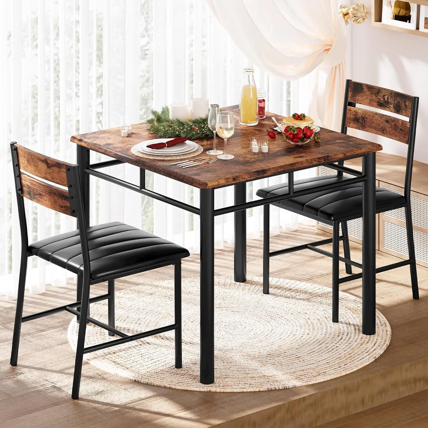 Dining Table Set for 2, Small Kitchen Table with Upholstered Chairs Dinning Table Set for Kitchen & Dining Room, Compact Dining
