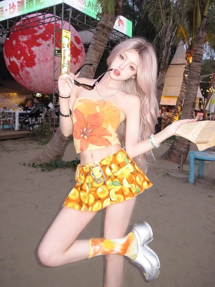 

Sexy American Girl Set Low Waist Fruit Print Two-Piece Suit ort Sve Zipper Closure Casual Wear for Date And Performance