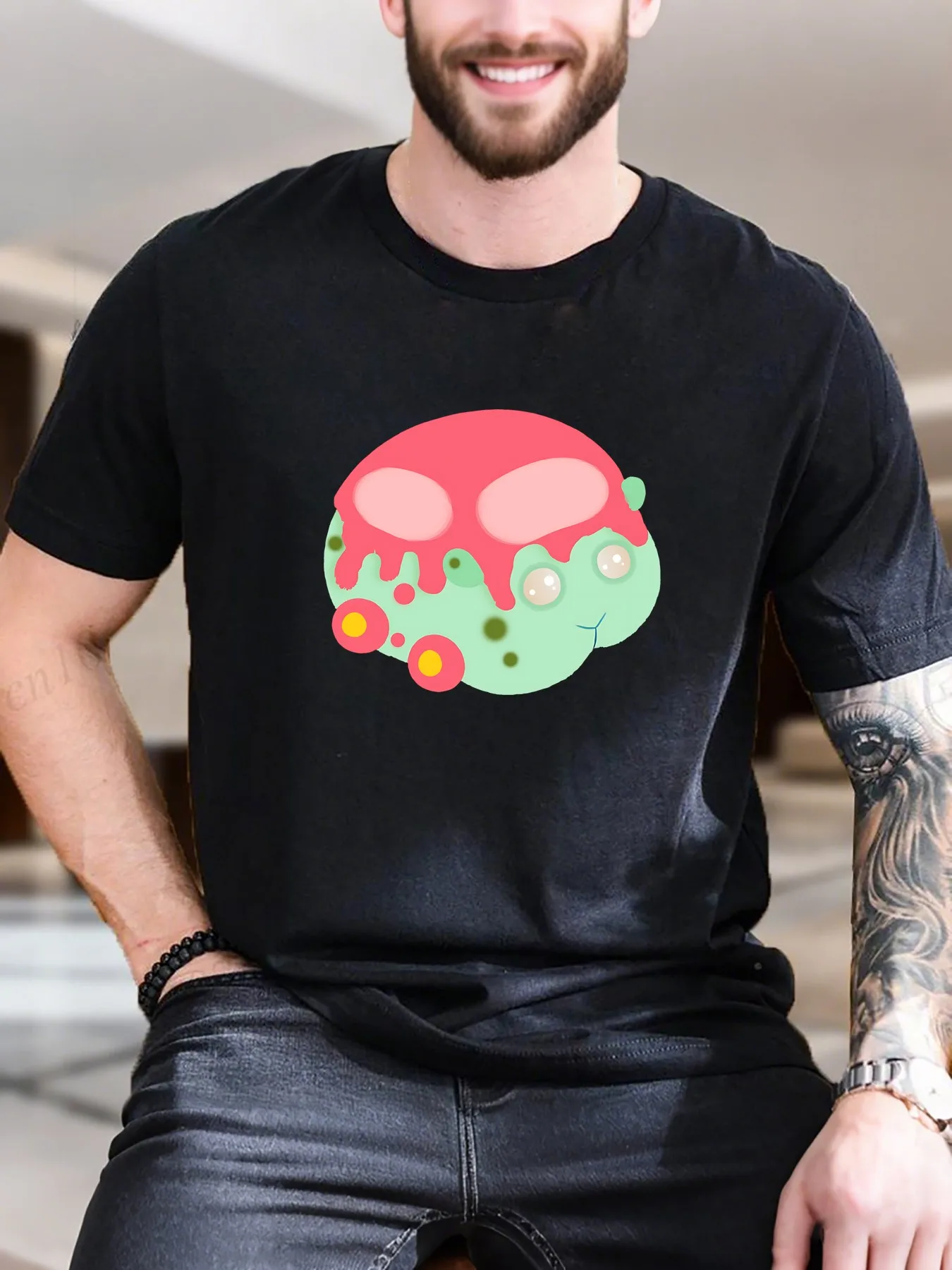 

New Arrival Fashion Men's Printed Short Sleeve T-Shirt Pink Alien Design 100% Cotton Breathable Comfortable Casual Summer