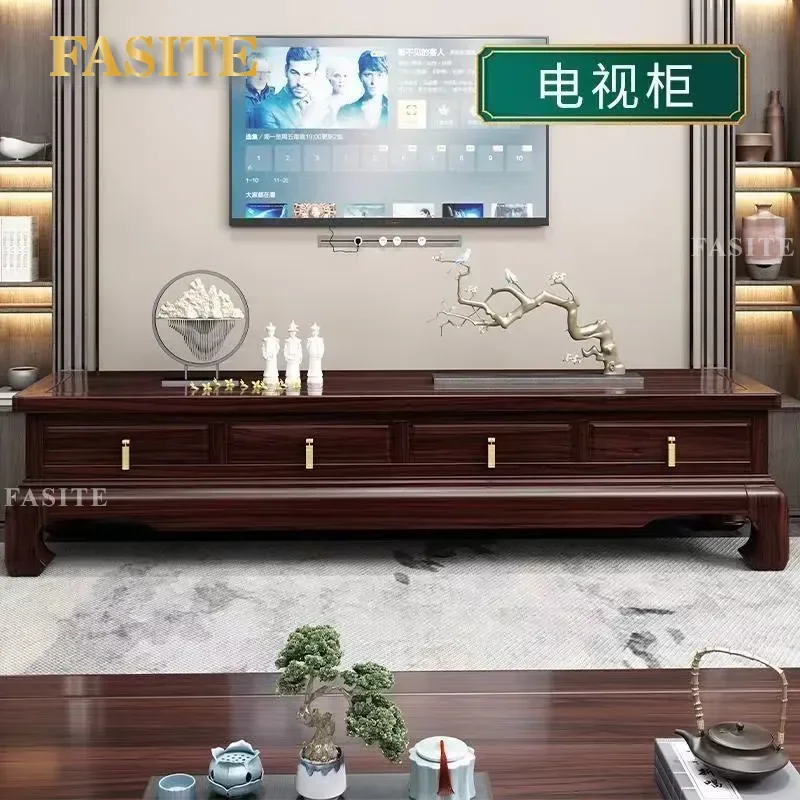 For Living Room Ebony All Solid Wood TV Cabinet New Chinese Classical Retro Style Floor Standing Video Background Storage