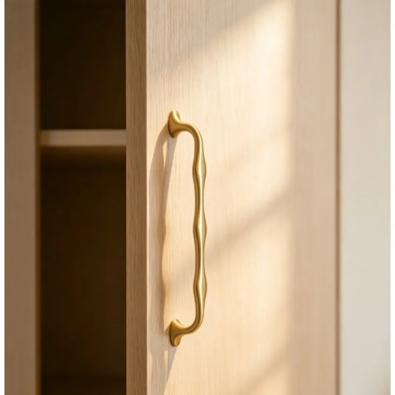Matte gold solid brass drawer handle irregular wavy pull rod oval cabinet handle modern kitchen cabinet door