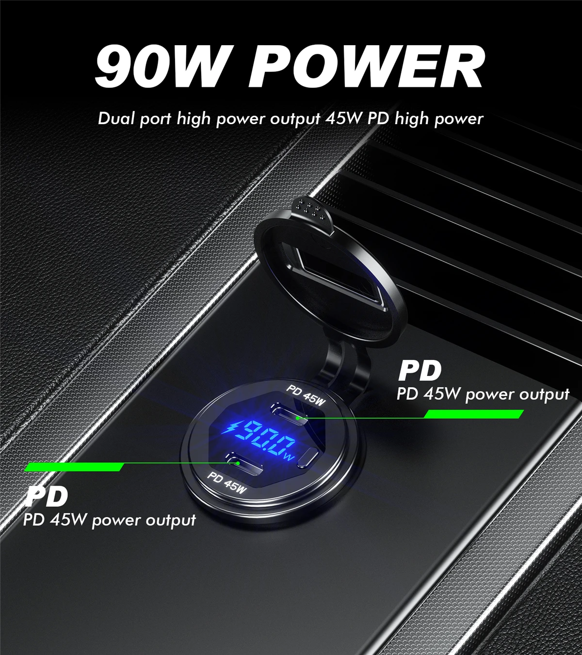90 W Dual Typ-C PD Steckdose Auto Ladegerät Steckdose Adapter 12 V 24 V Wasserdichte Schnelle Ladung für Limousine Boot SUV RV Motorrad – Detail 5
