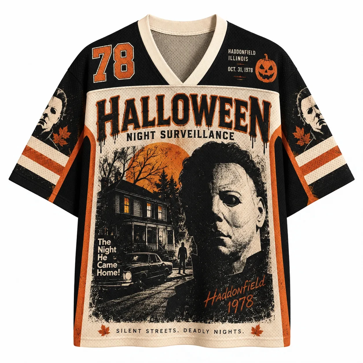 Vintage Halloween Jersey,Jack-o'-lantern Spooky Retro Horror House Poster 3D Print V-Neck Unisex Streetwear for Trick or Treat