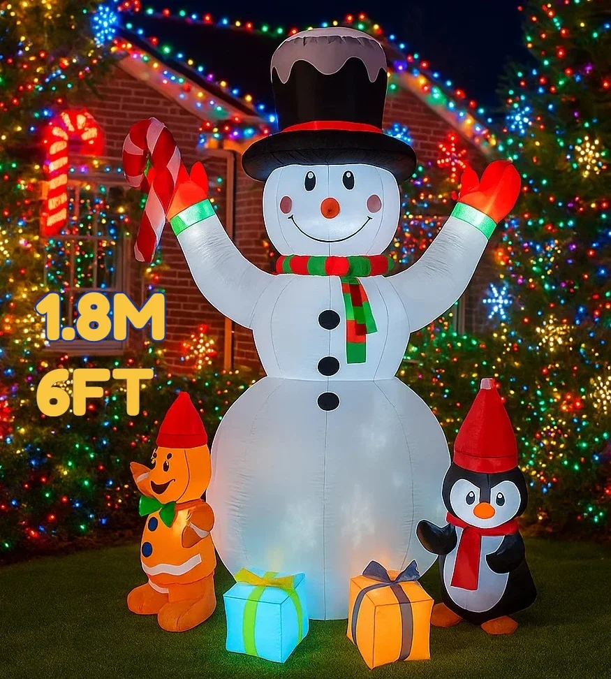 1.8M/6FT Christmas Decorations Inflatable Toy Snowman Penguin Home Yard Xmas Ornaments LED Decor Christmas Candy Cane Party Toy