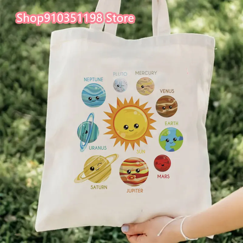 Solar System Planets Canvas Tote Bag for Women 2024 Designer Handbag Lady's Shopper Retro Cartoon Print Girls Shoulder Bag