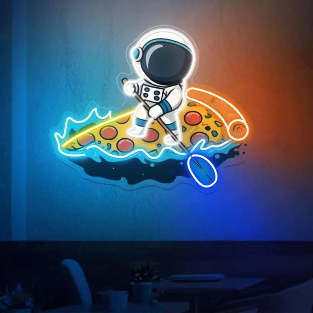 Astronaut Rowing on Pizza LED Sign Custom Business Logo Led Light Space Planet Neon Pizza Wall Art Restaurant Decoration Sign