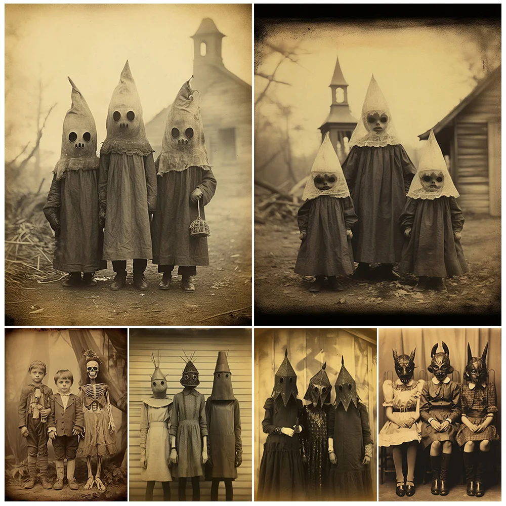 

Horrible Triplets,Vintage Photography,Wall Art Canvas Painting,Creepy Masked Children,Retro Photo Artwork,Pagan Art,Poster Print