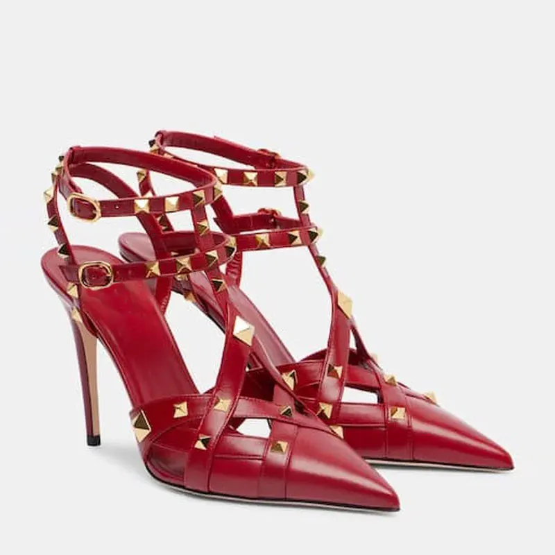 Luxury Design Rockstud Caged High Heels Women's Pointed Toe Leather Sandals Metal Rivet Ankle Strap Stilettos