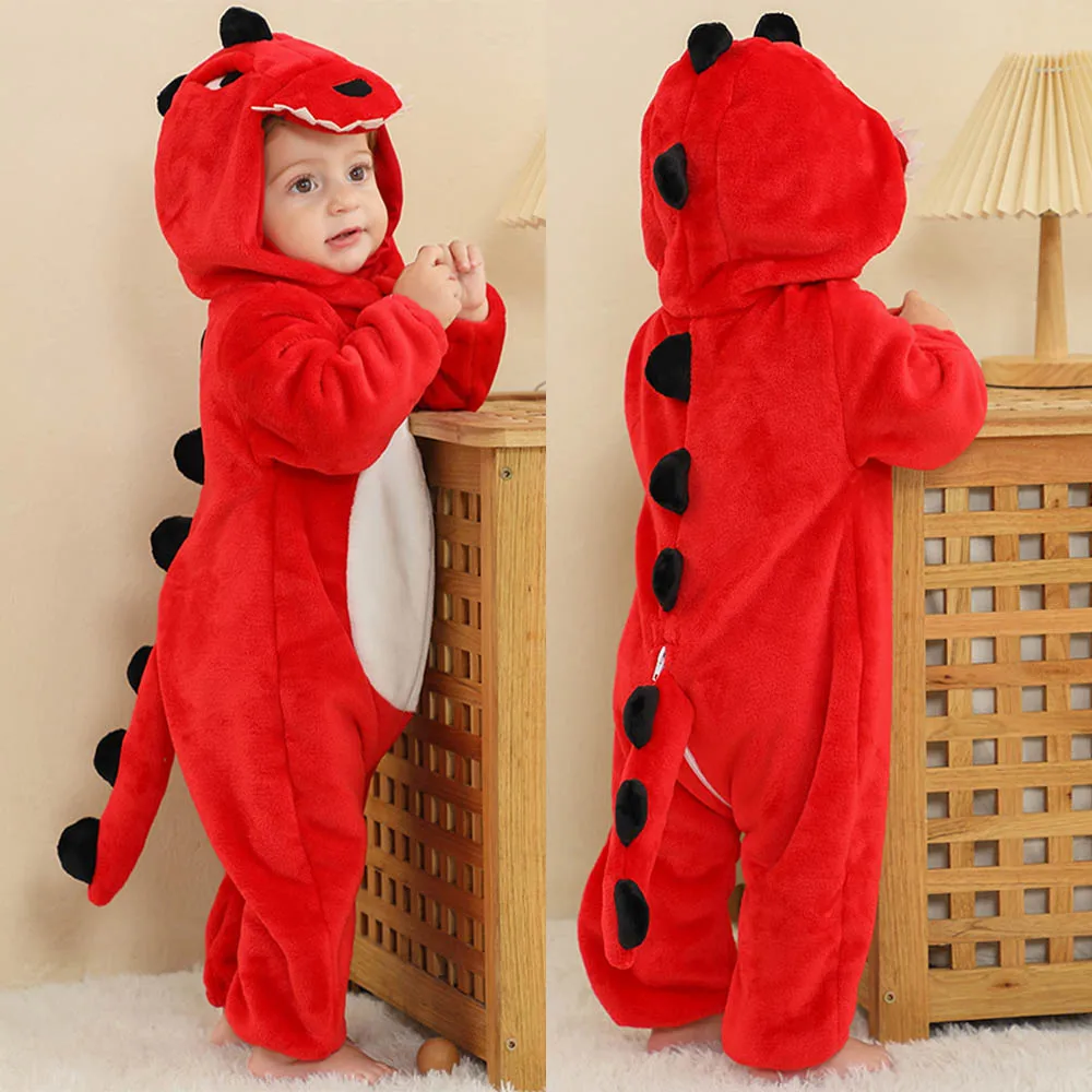 Newborn Boy Clothes Winter Warm Hooded One Piece Jumpsuits Baby Onesies Kids Overalls Baby Stuff Dinosaur Animal Cartoon Costume