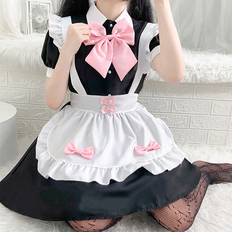 Uniforme Lolita Kawaii avec nœud rose, costume de cosplay, robe de femme de chambre noire, anime japonais, ensemble de filles mignonnes, tenue de lapin de performance d'injecteur