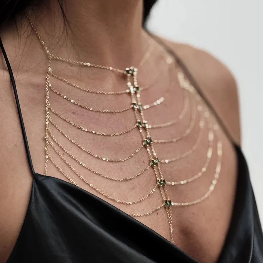 Simple Green Multilayer Chest Chain Top Bikini Lingerie for Women Summer Sexy Square Rhinestone Bra Chain Party Body Accessories