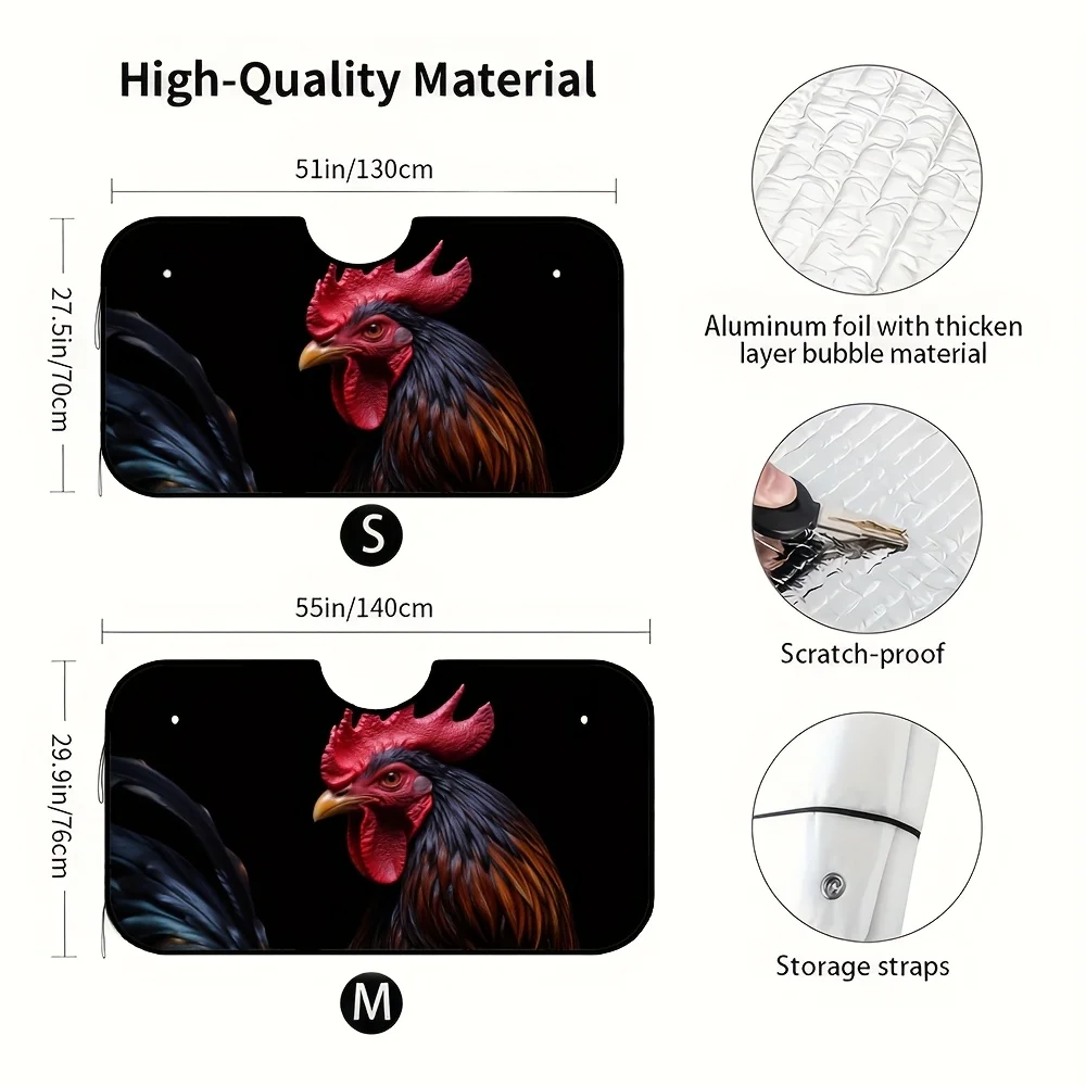 1pc Foldable Rooster Portrait Car Windshield Visor - Stylish Black & Red Design, Keeps Vehicle Interior Cool, Perfect For Urban