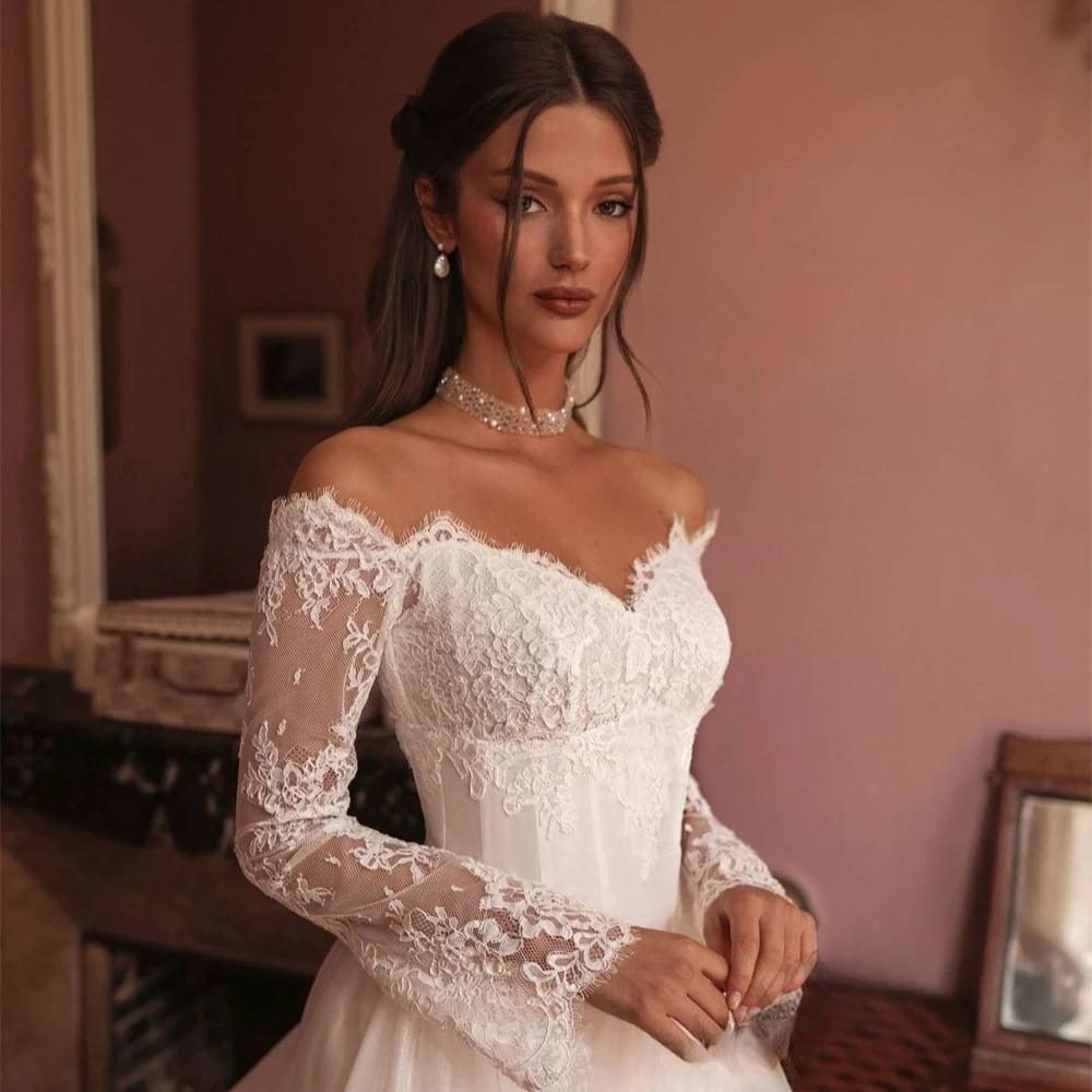 Princess A-line Wedding Dresses For Woman Sweetheart Lace Long Sleeves Plus Size Floor Length Bridal Gown Vestidos De Novia