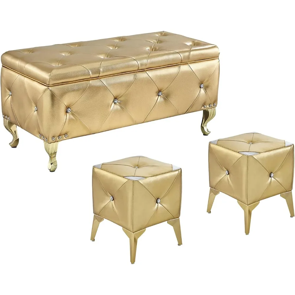Large Storage Ottoman Bench Set with 2 Upholstered Faux Leather Footrests for Living Room and Bedroom