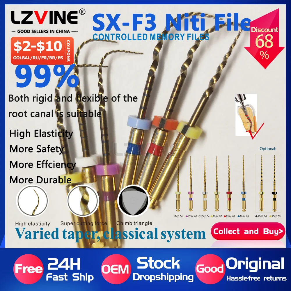 

6 шт./кор., стоматологические термоактивированные корневые файлы для каналов SX-F3, 25 мм, стоматологические инструменты, можно изгибать F4F5, подготовка корневых каналов, нити-файлы