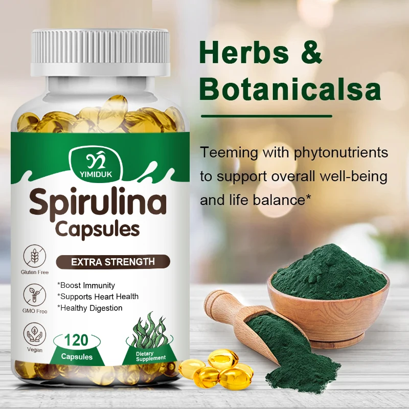 Spirulina Cápsulas para Saúde do Coração, Superalimento Verde, Suporte Detox, Magnésio, Estearato, Visão Ocular, Saúde do Cérebro