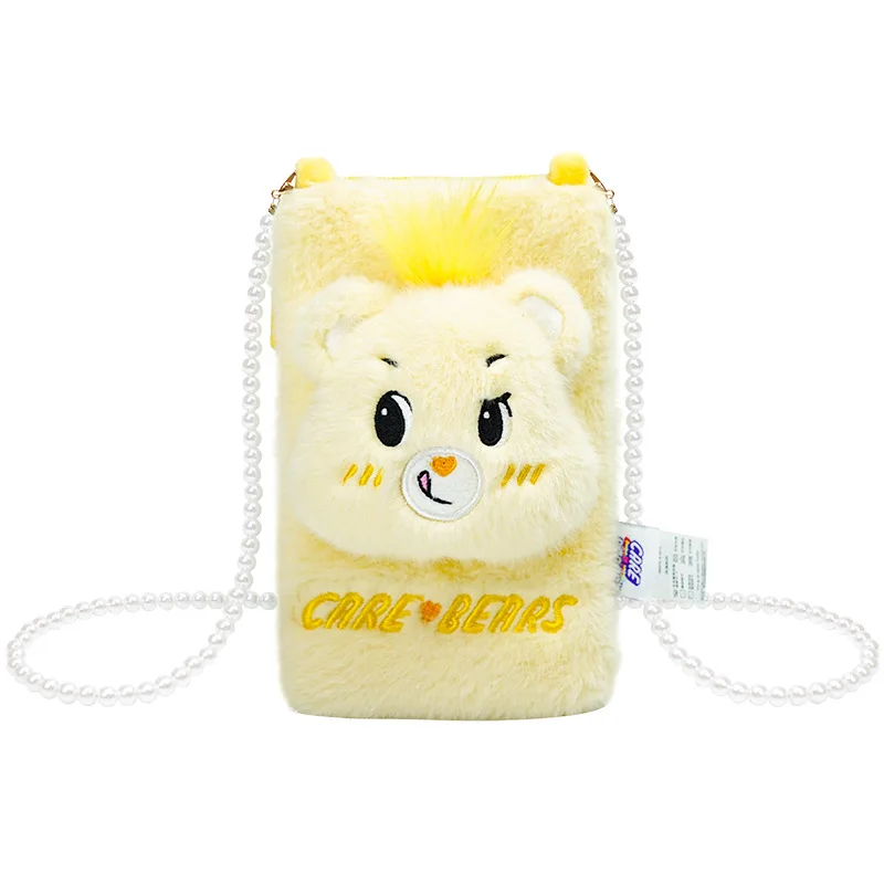 Care Bears Cartoon Plush Phone Bag Purse Kawaii Small Soft Shoulder Bag With Pearl Chain Girls Bear Plush Bags
