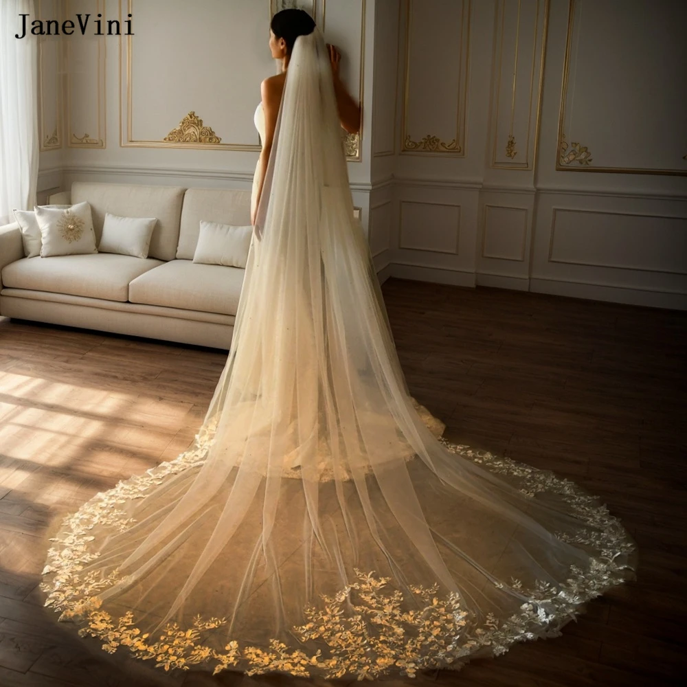 

JaneVini 2023 Luxury Long Bridal Veils with Comb Bling Rhinestones Lace Flower Edge Tulle Cathedral Bride Veil for Wedding Dress