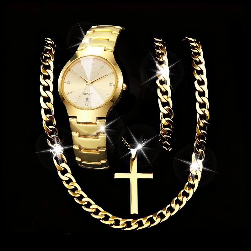 4PCS Fashion Rhinestone Men's Business Watch Bracelet Necklace Set Stainless Steel Band Calendar Quartz Watch (No Box)