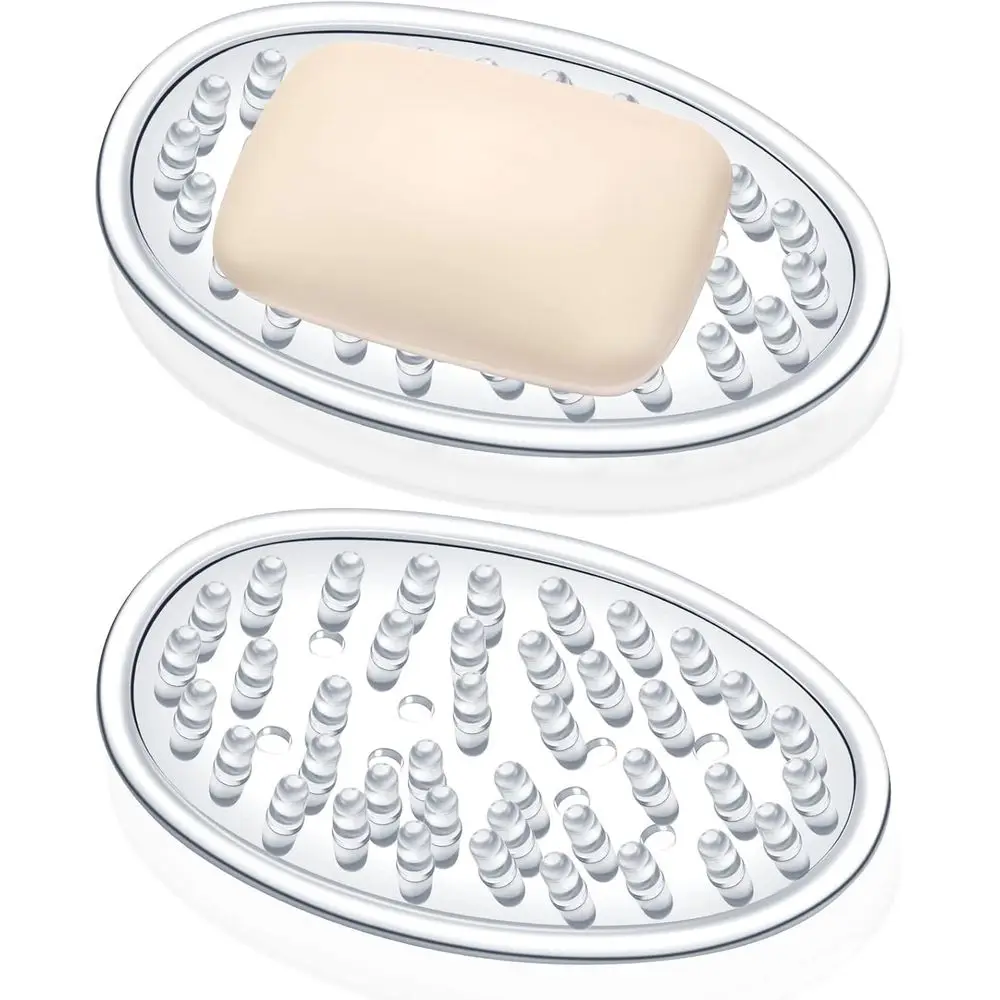 Dual Plastic Soap Dish with Holes, Sponge Holder, Suitable for Kitchen, Bathroom, Shower, 4.5 x 3 x 0.7 (Clear)