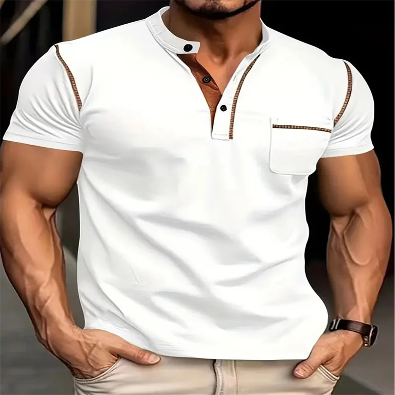 

Men's casual short-sleeved Henry shirt, fashionable, lightweight and breathable base knitted top, suitable for summer wearing