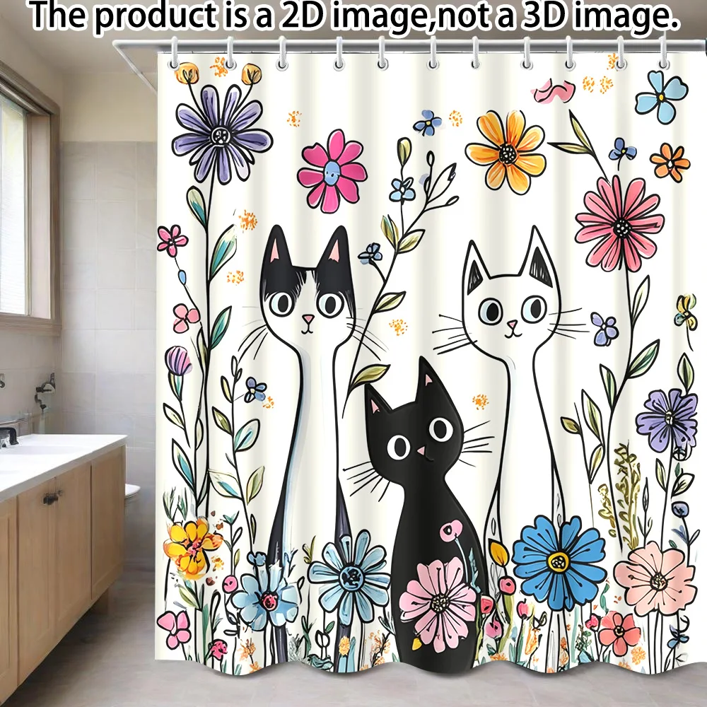 

1 PC Shower Curtain, Whimsical Cat & Flower Curtain, includes 12 hooks. 180 X 180 cm, ideal for bathroom decor, ensures priva