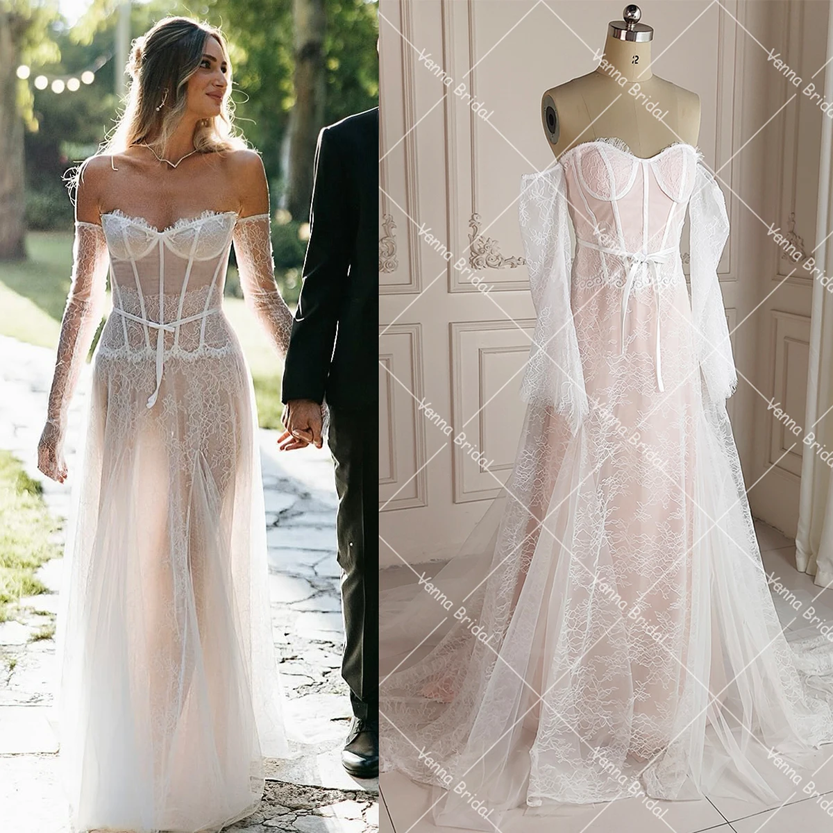 A Line Illusion Lace Corset Long Sleeves Bridal Gowns Boning Top Sweetheart Zipper Soft Tulle Customized Slim Fit Wedding Dress