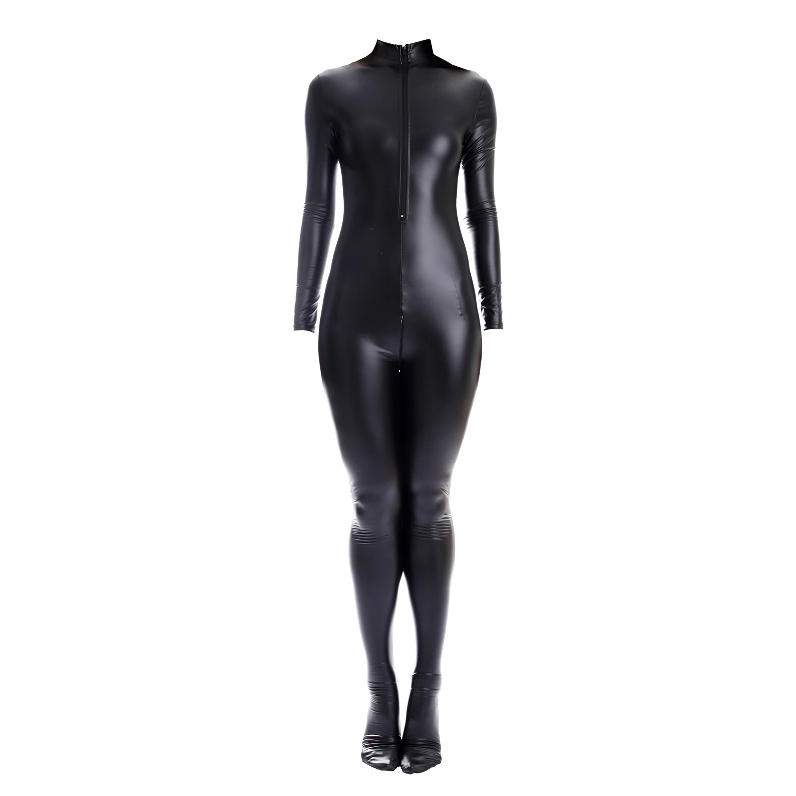 Ftshist Wet Look Catsuit Matte Black PVC Zentai Faux Leather Open Crotch Zipper Fullbody Long Sleeve Stretch Jumpuits Party Wear