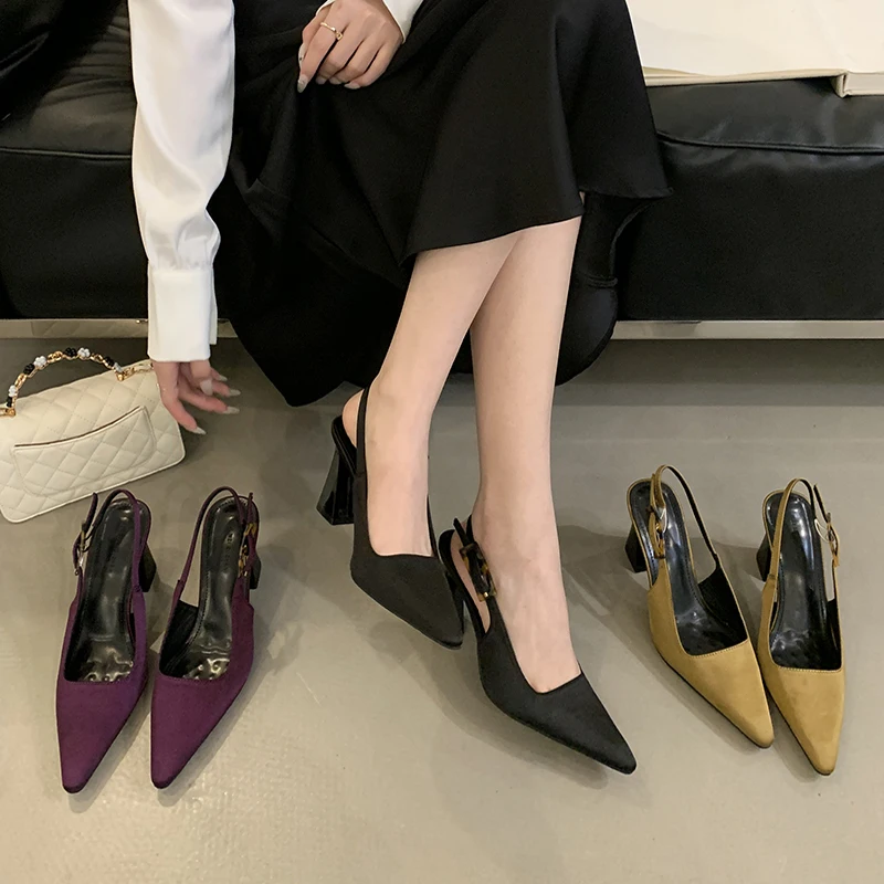 

Purple Chunky Heels 7cm Women Pointed Toe Slingback Shoes Summer Ladies Dress Shoes Black High Heels New Arrival Pumps Damen