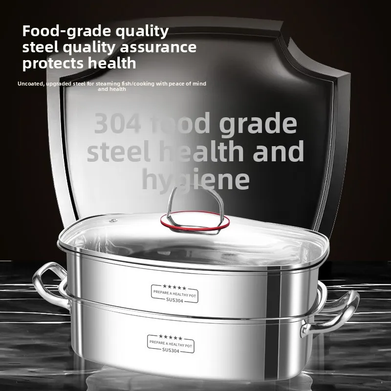 304 Stainless Steel Fish Steamer Pot Thickened Large Capacity Multi Layer Steamer Home Use Multi Layer Large Capacity