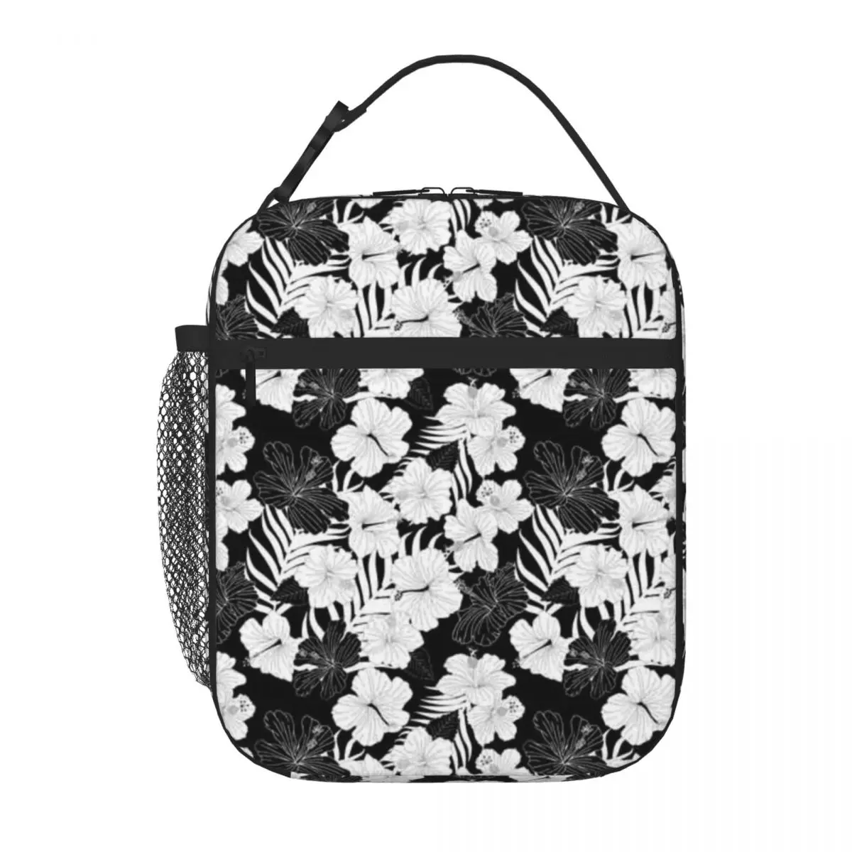 Bestselling Tropical Hibiscus Flower Pattern In Black White Denim Style Picnic Lunch Bag Playground Snack Insulated Snack Tote