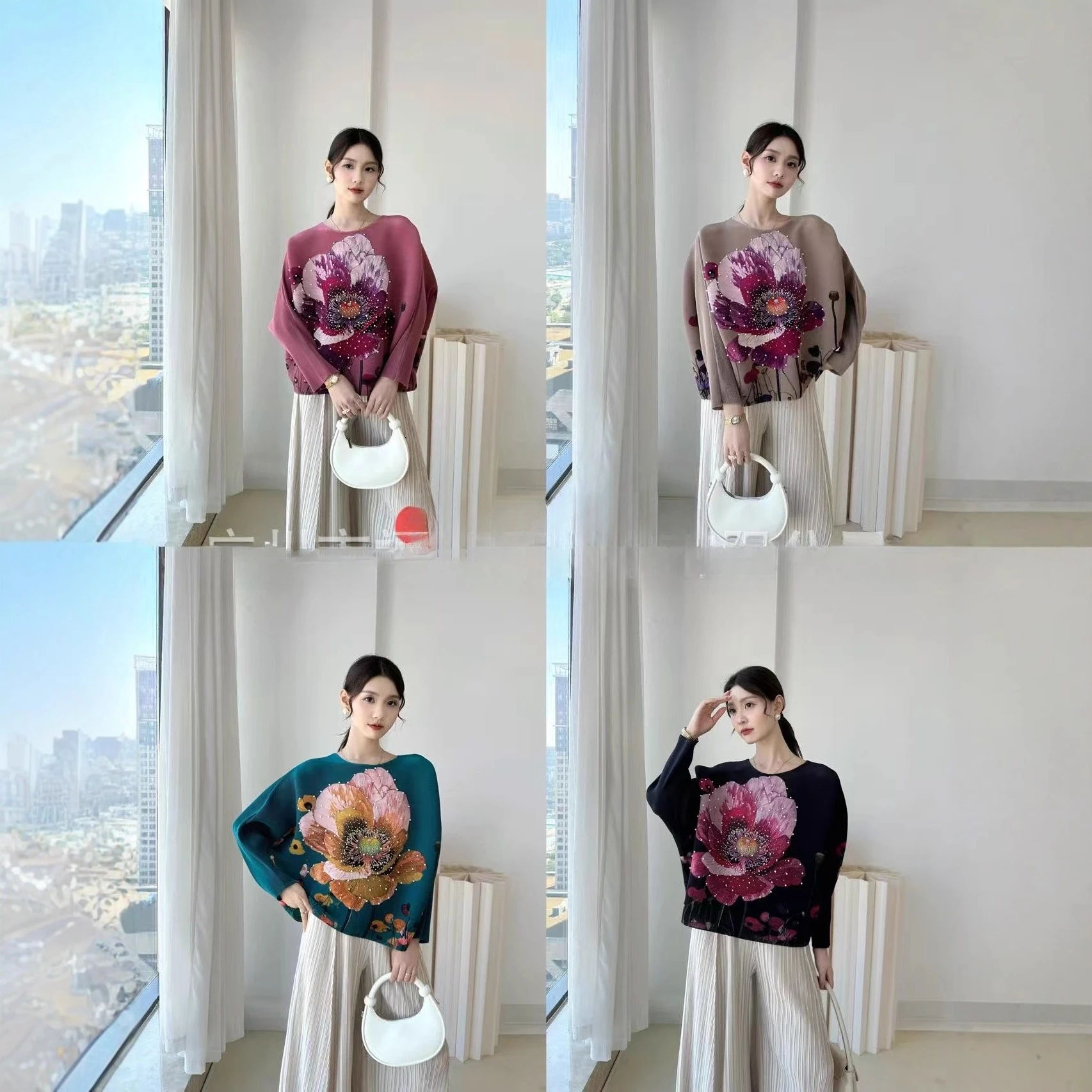 

Miyake Pleated 2025 Fall and Winter New Printing Round Neck Loose Hundred Tops Beaded Pleated Thin Long-sleeved T-shirt Pleats