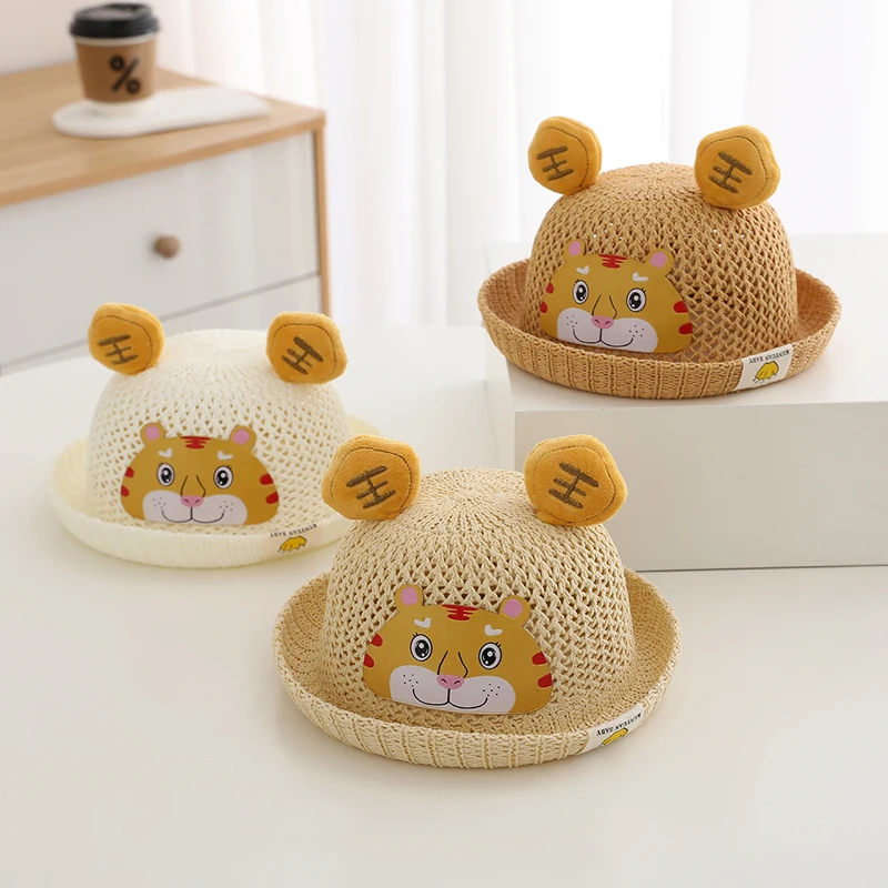 Summer Baby Straw Hats Lovely Cartoon Tiger Pattern Kids Boys Girls Sun Hats Beach Caps Children Fisherman Hat