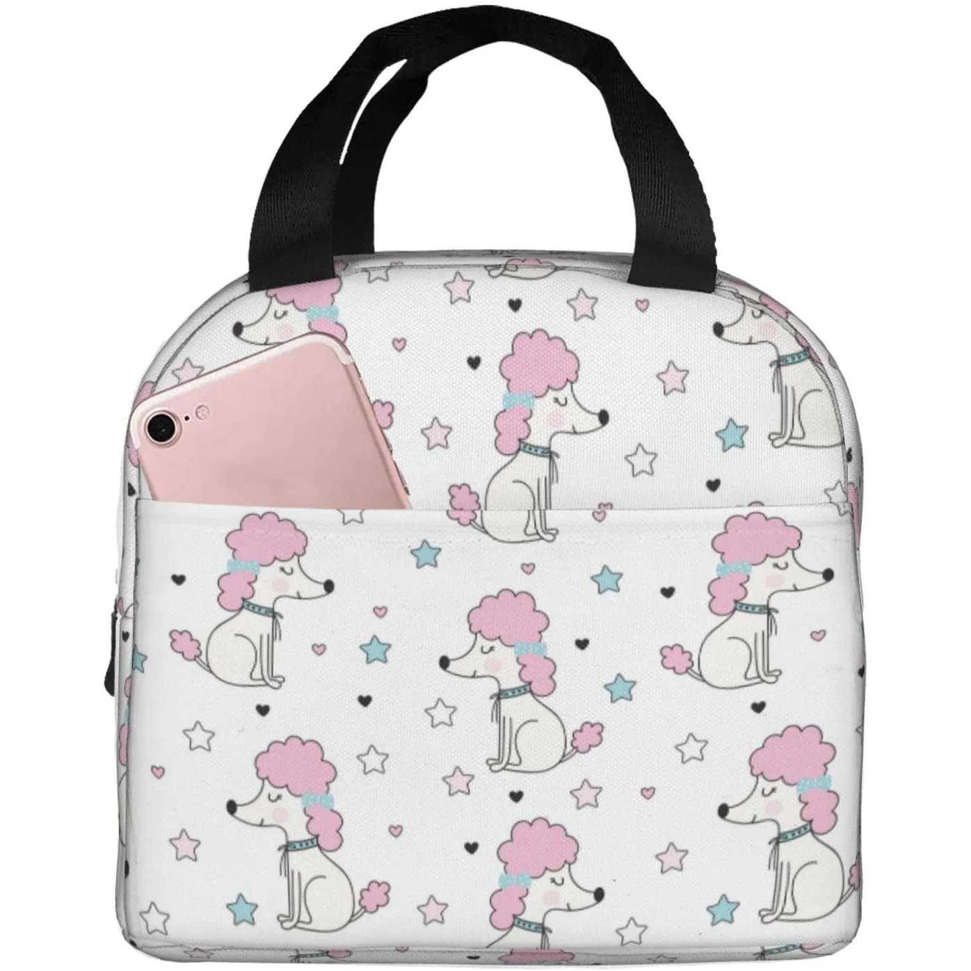 Insulated Lunch Bags for Men Women Work - Pink Cute Poodle Dog Stars Small Adult Lunch Box for Men Women n