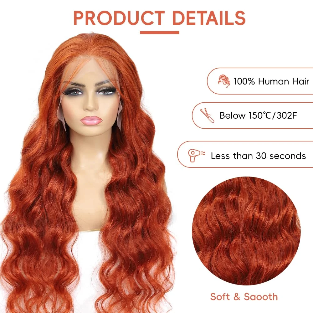 Ginger Lace Front Wigs Human Hair Pre Plucked Orange Human Hair Body Wave Ginger Human Hair 13x4 Lace Front Wigs 180% Density