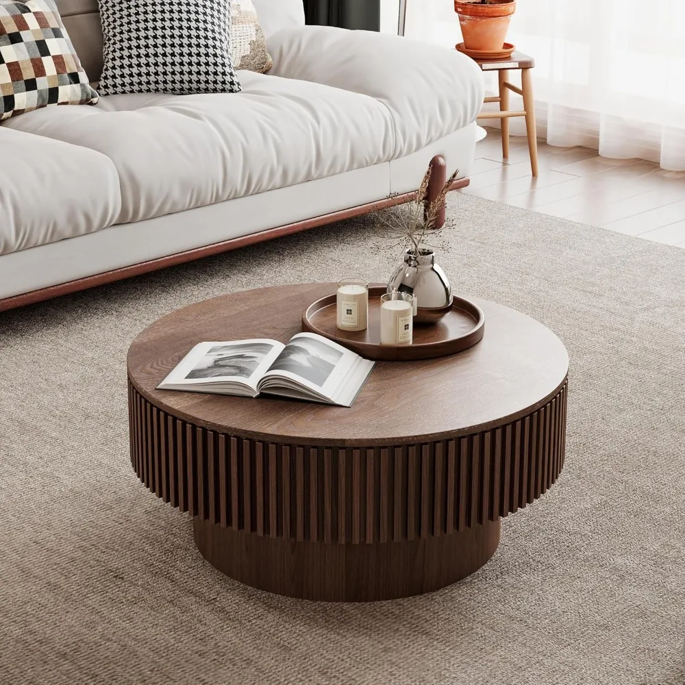 Round Coffee Table with Storage, Modern Luxury Circle Drum Center Table with Solid Wood Veneered, Accent Side Table